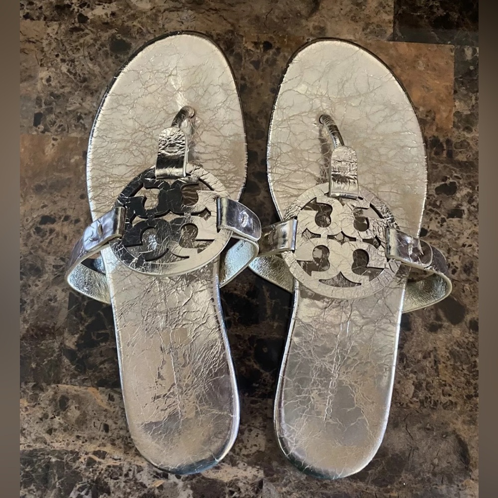 Tory Burch Silver Metallic Miller Logo Thong Sandals